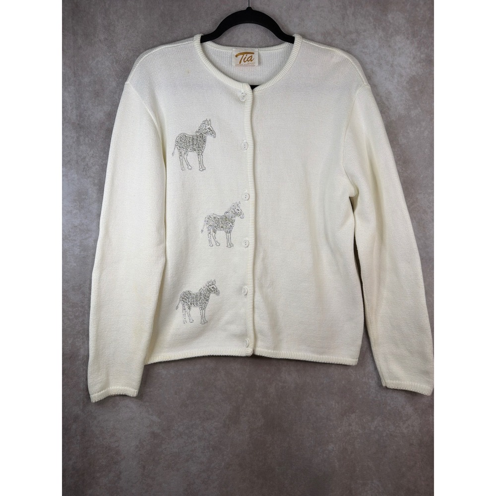 VTG 90s Tia Designs Cardigan Womens Med Cream Rhinestone Zebra Button Front‎
